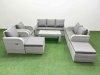 Fimous PE Rattan Garden Furniture Set Adjustable Chair Sofa Double Love Seat 2 Seater Sofa Lounge Set Rectangular Coffee Table 2 Big Footstool Light Grey
