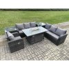 Fimous Rattan Outdoor Furniture Gas Fire Pit Rectangle Dining Table Gas Heater Reclining Chair 3 Seater Sofa Sets with 2 Side Tables 7 Seater