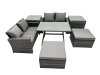 Fimous 6 Seater Wicker PE Rattan Furniture Outdoor Dining Table Double Seat Sofa 2 Big Stool 2 Side Table Set Dark Grey Mixed
