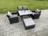Fimous Outdoor Garden Furniture High Back Rattan Sofa Dining Table Set with Big Footstool Dark Grey Mixed