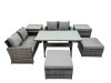 Fimous 6 Seater Wicker PE Rattan Furniture Outdoor Dining Table Double Seat Sofa 2 Side Table 2 Big Stools Set Dark Grey Mixed