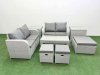 Fimous 7 Seater Outdoor Love Sofa Set Rattan Garden Furniture Set with Oblong Coffee Table 3 Footstool 2 Side Tables Light Grey