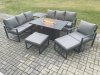 Fimous Aluminium 7 Pieces Garden Furniture Sofa Set with Cushions 9 Seater Gas Fire Pit Dining Table Set with Side Table 2 Big Footstools Dark Grey