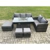 Fimous Garden Patio Furniture Wicker Rattan Gas Fire Pit Table and Sofa Chair set with 3 Footstools Dark Grey Mixed