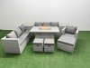 Fimous 10 Seat PE Rattan Lounge Sofa Set Outdoor Garden Furniture Set with Firepit Dining Table 3 Seater Sofa 3 Stools 2 Side Tables Light Grey