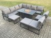 Fimous Aluminium 11 Seater Lounge Corner Sofa Outdoor Garden Furniture Sets Gas Fire Pit Dining Table Set with 2 Big Footstools Dark Grey