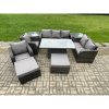 Fimous Outdoor Rattan Furniture Garden Dining Set Patio Height Adjustable Rising lifting Table Reclining Chair Sofa With 2 Side Tables 2 Big Footstools