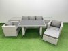 Fimous Patio Garden Furniture Sets with Black Glass Top Dining Table Armchair 3 Seater Sofa 2 Side Tables Big Stool Light Grey