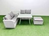 Fimous 5 Seater Outdoor Love Sofa Set Rattan Garden Furniture Set with Rectangular Dining Table Side Table Big Footstool Light Grey