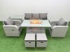 Fimous PE Rattan Garden Furniture Set Reclining Chair Sofa Lounge Sofa Set Firepit Dining Table Side Table 2 Small Stools Light Grey