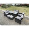Fimous Rattan Outdoor Furniture Gas Fire Pit Rectangle Dining Table Gas Heater Chairs Two Seater Love Sofa Sets Footstools 8 Seater