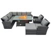 Fimous Poly Rattan Outdoor Patio Gas Firpit Dining Table Corner Sofa Set with Big Stool 2 Chairs for Garden Backyard Dark Grey Mixed