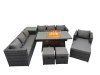 Fimous 10 Seater Garden Outdoor Rattan Furniture Set Patio Corner Sofa Gas Firepit Dining Table with Side Table 3 Stools Dark Grey
