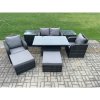Fimous Rattan Furniture Outdoor Garden Dining Sets Patio Height Adjustable Rising lifting Table Love Sofa Chair Set With 2 Side Tables Stools