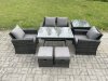Fimous 6 Seater Outdoor Garden Furniture High Back Rattan Sofa Dining Table Set with SideTable 2 Small Footstools Dark Grey Mixed