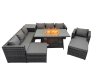Fimous 9 Seater Garden Outdoor Rattan Furniture Set Patio Corner Sofa Gas Firepit Dining Table with Side Table 2 Big Stools Dark Grey