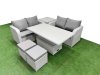 Fimous 6 Seater Outdoor Love Sofa Set Rattan Garden Furniture Set with Adjustable Lifting Dining or Coffee Table 2 Small Stools Side Table Light Grey