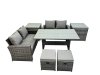 Fimous 6 Seater Wicker PE Rattan Furniture Outdoor Dining Table Double Seat Sofa 2 Side Table 2 Small Stools Set Dark Grey Mixed