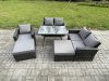 Fimous Garden Dining Set Wicker PE Rattan Outdoor Furniture Sofa with Rectangular Dining Table Double Seat Sofa 2 Big Footstool Armchair Dark Grey Mixed