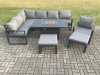 Fimous Aluminium Patio Outdoor Garden Furniture Corner Sofa Set Gas Fire Pit Dining Table with Chair 2 Big Footstools Dark Grey