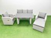 Fimous Outdoor Rattan Garden Furniture Dining Set 6-seater Patio Rectangular Table 3 Seater Sofa Reclining Chair Set with Big Stool