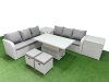 Fimous Outdoor Garden Furniture Sets 8 Seater Wicker Rattan Furniture Sofa Sets with Adjustable Lifting Dining or Coffee Table high Back Lounge Sofa Stools 2 Side Table Light Grey