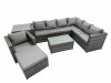 Fimous Patio Sofa Oblong Coffee Table Set Rattan Garden Furniture Set with Big Stool Chair Side Table Dark Grey Mixed