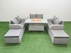 Fimous 8 Seater PE Wicker Rattan Furniture Sofa Sets with Firepit Dining Table 2 Seater Love Sofa 2 Big Footstool Side Table Light Grey