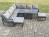 Fimous Aluminium 9 Seater Garden Furniture Outdoor Set Patio Lounge Sofa Gas Fire Pit Dining Table Set with 2 Big Footstools Dark Grey