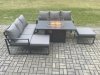 Fimous Aluminium 8 Seater Outdoor Garden Furniture Lounge Sofa Set Gas Fire Pit Dining Table with 2 Big Footstools Dark Grey