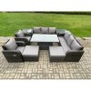 Fimous Rattan Outdoor Garden Furniture Sets Height Adjustable Rising lifting Dining Table Reclining Chair Sofa Set with 2 Side Tables 2 Big Footstools Dark Grey Mixed