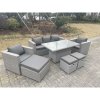 Fimous Rattan Garden Funiture Set Adjustable Rising Lifting Table Lounge Sofa Dining Set 2 Chairs Big And Small Footstool
