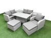 Fimous High Back Poly Rattan Garden Furniture Set with Reclining Chair Loveseat Sofa Adjustable Lifting Dining or Coffee Table Indoor Outdoor Patio Set 2 Big Stool 2 Side Table Light Grey