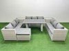 Fimous Patio Outdoor Garden Furniture Sets with Black Glass Top Dining Table 3 Seater Sofa 2 Side Tables Big Stool Light Grey