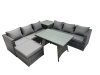 Fimous Outdoor Corner Sofa Dining Table Set Garden Rattan Furniture Set 7 Seater with Side Table Big Stool Dark Grey