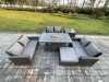 Fimous Outdoor Garden Dining Sets 7 Seater Rattan Patio Furniture Sofa Set with Gas Firepit Table Double Seat Sofa Big Footstool Side Table Dark Grey Mixed