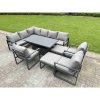 Fimous Aluminium Garden Furniture Sets,10 Seater Outdoor Conversational Dining Set with Adjustable Rising Lifting Dining Table,2 Big Footstools Dark Grey