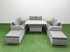 Fimous 8 Seater PE Wicker Rattan Furniture Sofa Sets with Adjustable Lifting Dining or Coffee Table 2 Seater Love Sofa 2 Big Footstool 2 Side Table Light Grey
