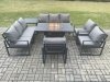 Fimous Aluminium Garden Furniture Outdoor Set Patio Lounge Sofa Gas Fire Pit Dining Table Set with 3 Armchair Side Table Dark Grey