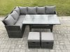 Fimous Outdoor Rattan Garden Furniture Corner Sofa Set with Rectangular Dining Table 2 Small Footstools Patio Wicker Rattan Set Dark Grey Mixed