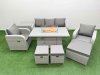 Fimous PE Rattan Garden Furniture Set Reclining Chair Sofa Lounge Sofa Set Firepit Dining Table Side Table 3 Stools Light Grey