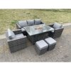 Fimous Outdoor PE Rattan Garden Furniture Gas Fire Pit Dining Table Lounge Sofa 2 PC Armchairs 2 PC Footstools Dark Grey Mixed Patio