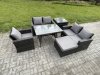 Fimous 6 Seater Wicker PE Rattan Garden Dining Set Outdoor Furniture Sofa with Rectangular Dining Table Double Seat Sofa Big Footstool Side Table Dark Grey Mixed