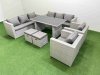 Fimous 10 Seater Wicker PE Rattan Furniture Outdoor Dining Table 3 Seater Sofa Armchair Set with 2 Small Stools Light Grey