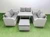 Fimous Rattan Garden Furniture Dining Set 7-seater Patio Rectangular Table Love Sofa Set with 2 Side Tables Big Stool