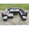 Fimous Outdoor Rattan Furniture Garden Dining Set Gas Fire Pit Table With Side Table Lounge Sofa 3 Footstool