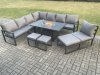 Fimous Aluminium Lounge Corner Sofa Outdoor Garden Furniture Sets Gas Fire Pit Dining Table Set with 3 Footstools Dark Grey