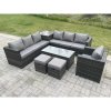 Fimous 9 Seater Rattan Corner Sofa Set With Square Side Table And Oblong Rectangular Coffee Tea Table Arm Chair 2 Stools Dark Grey Mixed