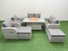 Fimous 8 Seater Outdoor Reclining Chair Love Sofa Set Rattan Garden Furniture Set with Firepit Dining Table 2 Big FootStools Side Table Light Grey