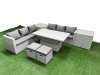 Fimous 7 PCs Rising Dining Table Set Rattan Furniture Set with 3 Seater Sofa 2 Small Footstools 2 Side Table Light Grey